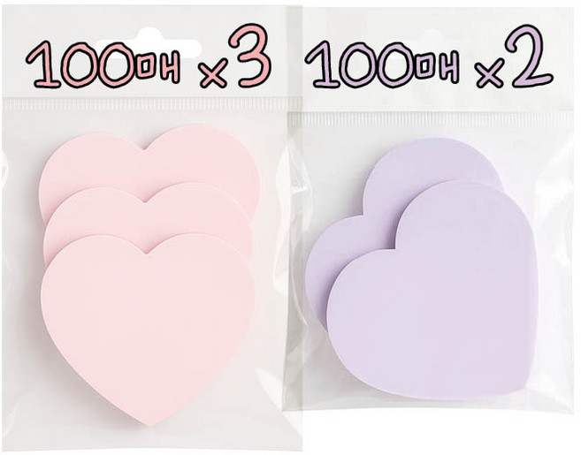 하트 모양 무선 강력 접착 메모지, 핑크3+퍼플2, 5개, 100매