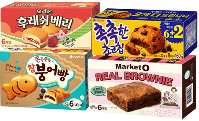 오리온 쫀득쫀득 참붕어빵 174g+마켓오 리얼 브라우니 120g+후레쉬베리 168g+촉촉한초코칩 160g(총4개)