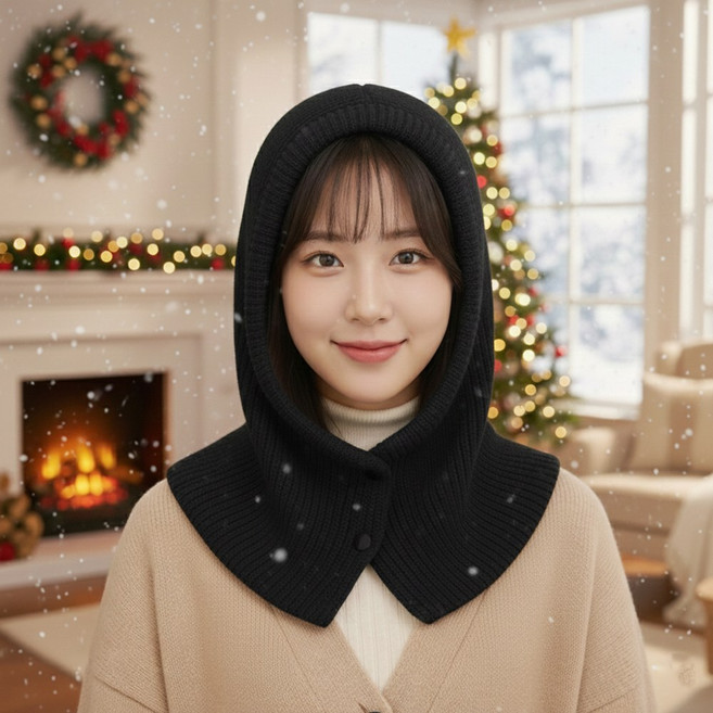 똑딱 단추 여성 니트 바라클라바 방한 후드넥워머 발라클라바, 블랙