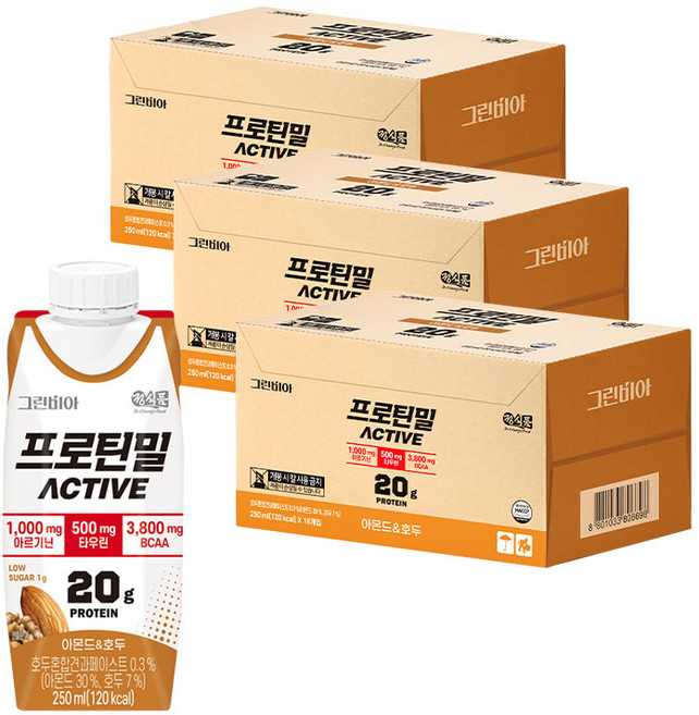 정식품 그린비아 프로틴밀 액티브 아몬드와호두맛 프로틴음료 고단백질영양설계 아르기닌 저당설계, 54개, 250ml