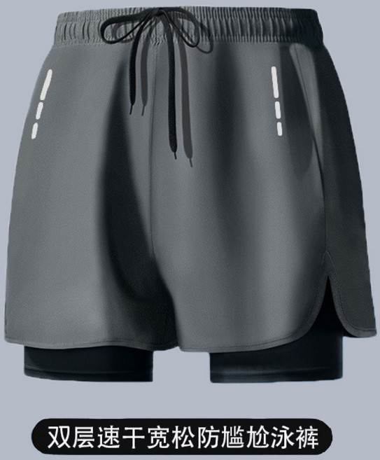 泳褲男寬鬆防尷尬雙層游泳褲男士跑步運動褲透氣速幹溫泉泳褲, 2XL(建議體重100-130斤)