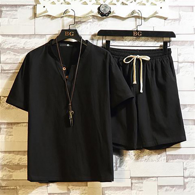 POMTOR 남자 여름 면 마 반팔티 + 반바지 세트 세트 캐주얼 빅사이즈 시원하고 편안한 린넨 상하 세트