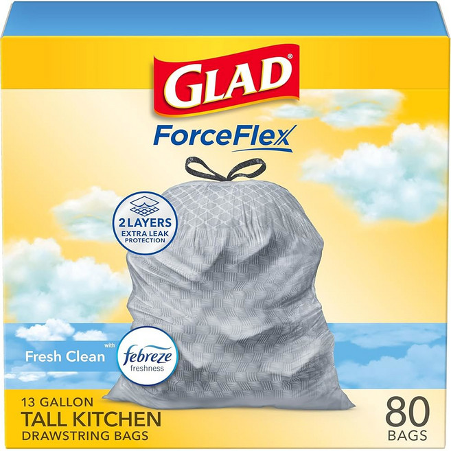 GLAD TALL KITCHEN 드로스트링 쓰레기 봉투 프레시 클린 110개 49 봉투 2L 페브리즈 화이트 ODORSHIELD 13갤런