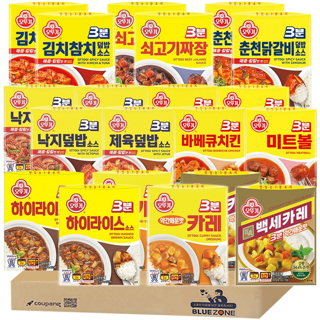 [블루존] 오뚜기 3분 소스 20개입 (쇠고기짜장+카레약간매운맛+김치참치덮밥+춘천닭갈비+낙지덮밥+제육덮밥+하이라이스+바베큐치킨+미트볼+백세카레 약간매운맛)x2, 20개