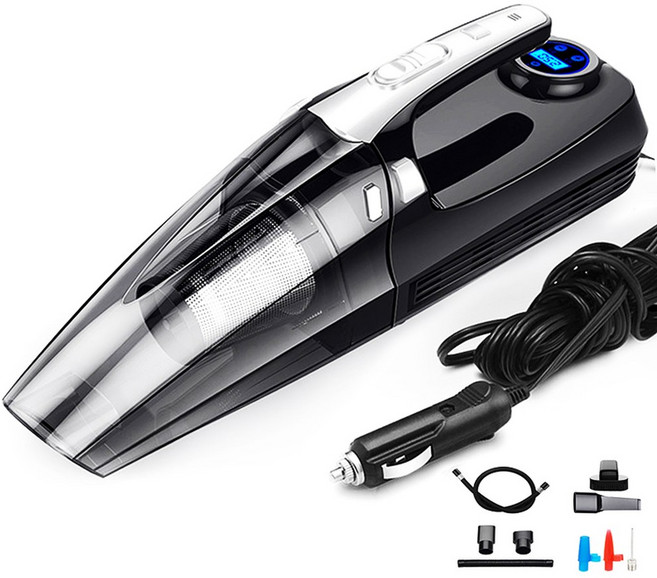 4 In 1 강력한 자동차 진공 청소기 공기 압축기 타이어 압력 게이지 코드 LED 조명 포함, Digital Display, 1개