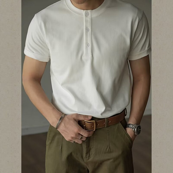 美式重磅短袖t恤男polo衫成熟穩重緊袖口健身運動硬漢亨利衫