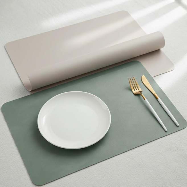 이온브 고급 가죽 양면 식탁 매트, 2개, 44.5 x 30 cm, 그린 x 화이트