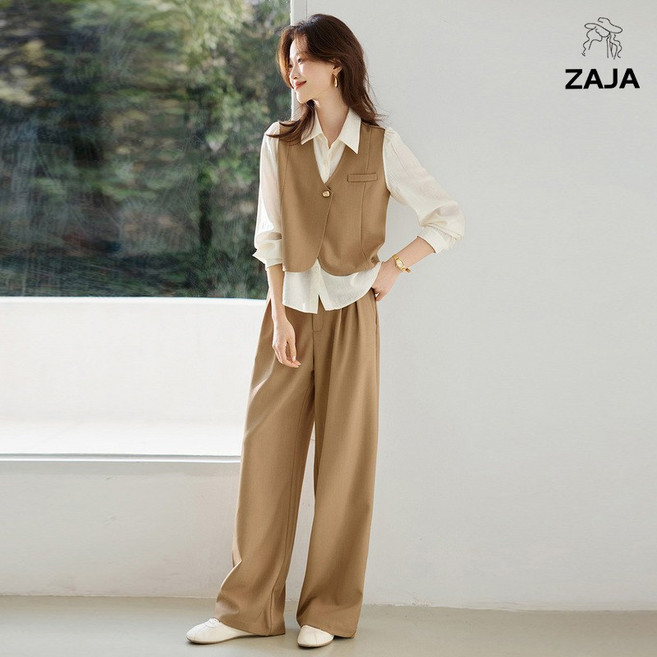 ZAJA 여성 투피스 캐주얼 긴팔 셔츠+바지 오피스룩 수트 투피스