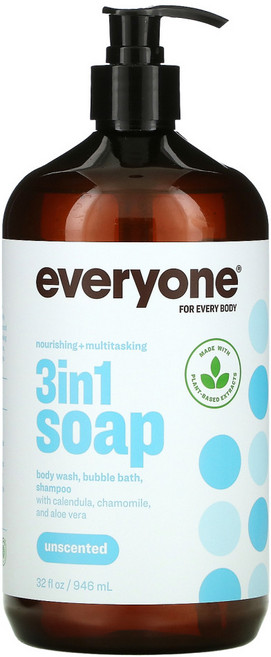 Everyone 3 In 1 비누 바디워시 품 목욕 샴푸 무향 32 fl oz (946 ml) 2팩, 946ml