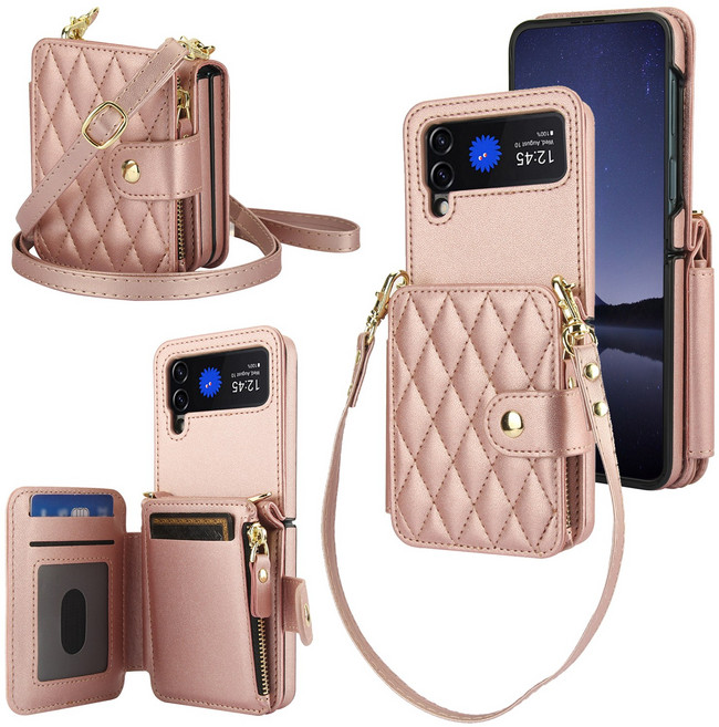 적용가능 삼성 갤럭시 Z플립 7 FE 6 5 4 3 5G 케이스 고급감 PU레더 릿지 패턴 크로스바디 카드슬롯 스탠드 손목스트랩 일체형