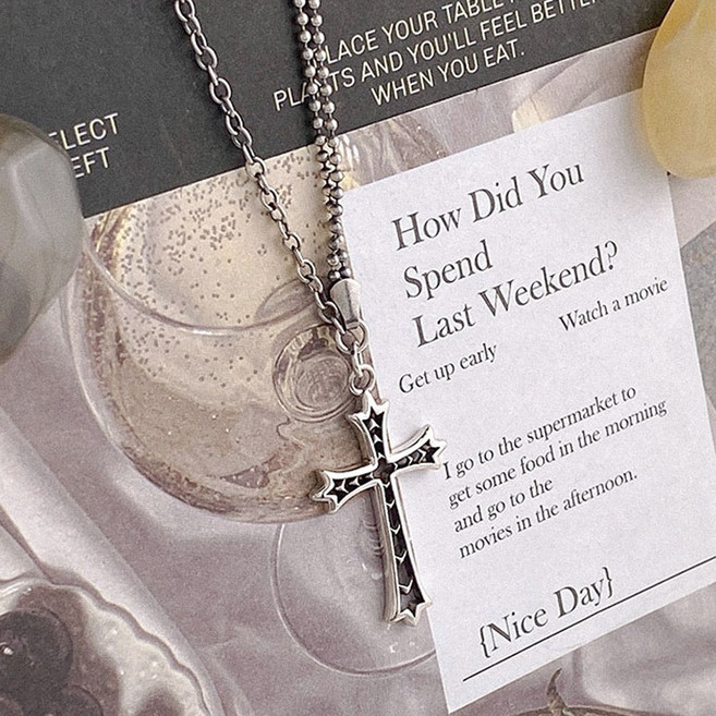 silver 925 화살 십자가 유화 실버 목걸이 엔틱 고급스런 블랙 남친선물 두줄 언발