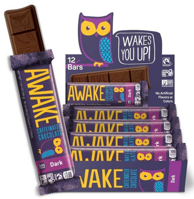 AWAKE Caffeinated Chocolate 초콜릿 어웨이크 카페인 바 다크 12개입 100mg 1개 바는 커피 한 잔과 동일 개별 포장된 에너지 페어트레이드 글루텐 프리, 다크 초콜릿, 12