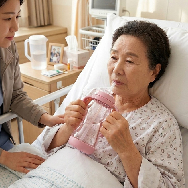 성인 요양원 손잡이 빨대물병 완벽흘림방지 350ml 노인용품 병원빨대컵, 1개, 라온/350ml-핑크