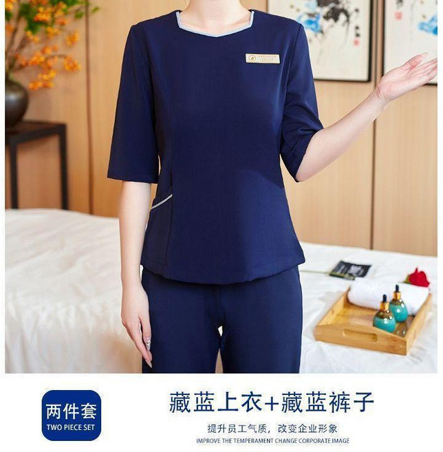 工作服 護理師制服 醫美皮膚管理中心制服 中袖套裝, 1個, 藏藍上衣+藏藍褲,4XL
