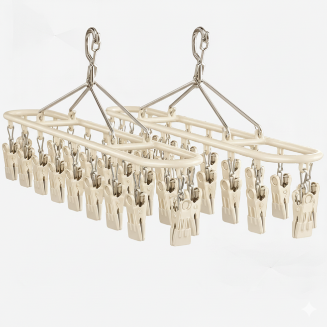 1+1 스텐 양말 건조대 속옷 옷걸이 집게 건조대 20클립, 2개, 아이보리