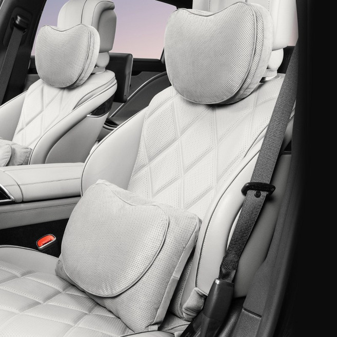 차량용 목쿠션 허리쿠션 프리미엄 스웨이드 누벅 듀얼 레이어 고탄성 메모리폼 숨쉬는 타공 원단 목 보호 쿠션 사계절 공용 통기성 타공 자동차 시트 등받이 쿠션, 1개, [크림 화이트] 세트