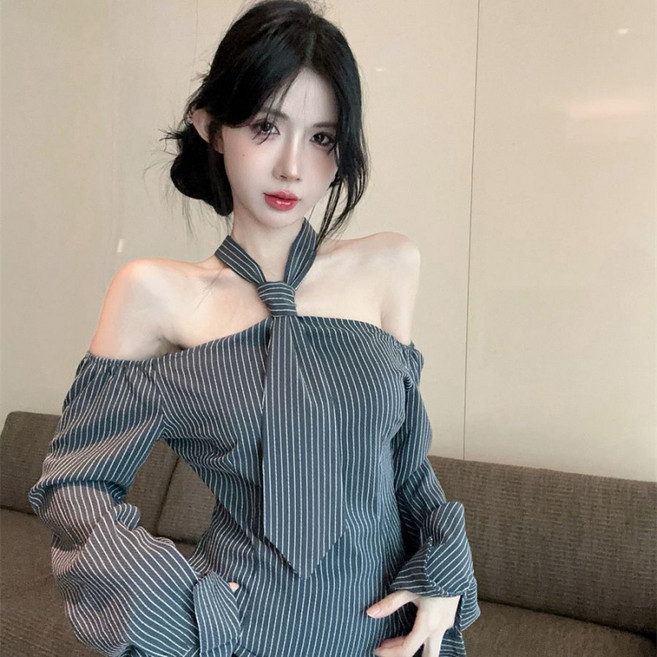 해피유통 여성 디자인 넥타이 오픈숄더 긴팔 셔츠 jhfxx