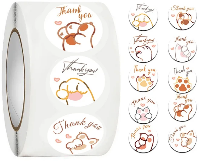 500개/롤 만화 고양이 발 스티커 귀여운 프린트 라벨 감사 스티커 학생용 교사용 문구, 01 C496