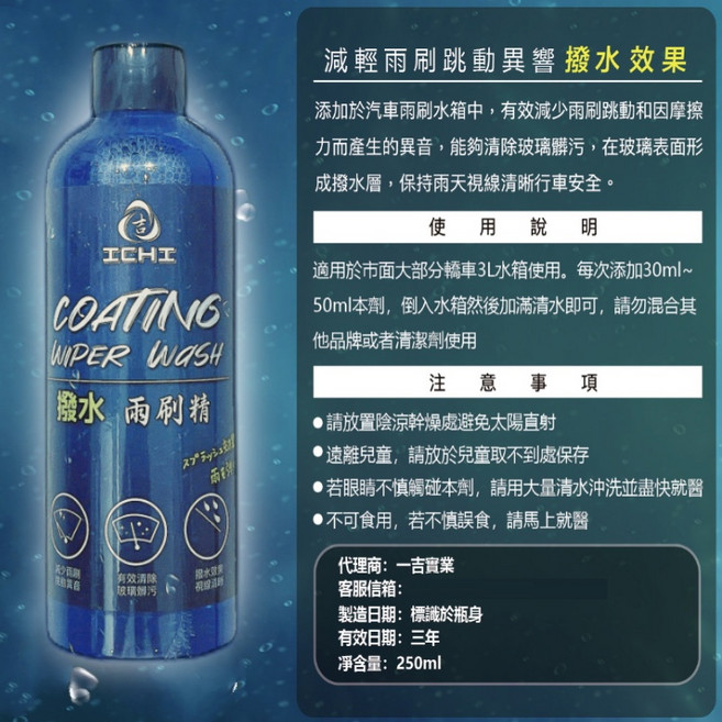 ICHI 潑水型雨刷精 濃縮玻璃清潔, 1個, 【正規容量】２５０ML,【撥水】雨刷精