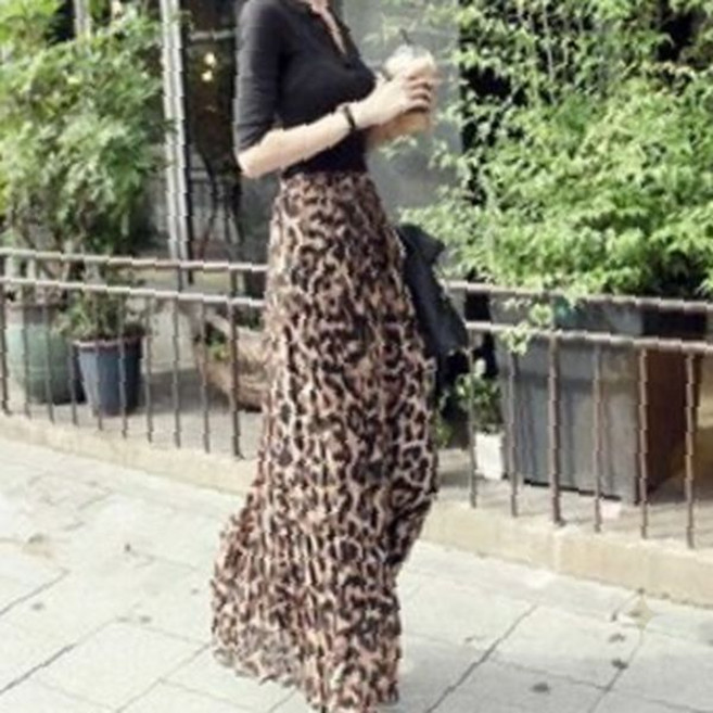동물무늬 쉬폰 롱 스커트 허리 밴딩 플리츠 주름 에이라인 실루엣 여성 가을