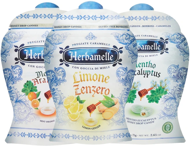 [3가지 특가] Herbamelle 에르바멜레 허니드롭 캔디 세트(레몬진저+민트오렌지+멘토유칼립투스), 75g, 1개 - 쿠팡