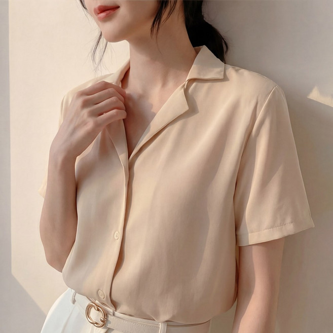 라뷰드 여성 기본 브이넥 반팔 셔츠 블라우스 봄가을 여름 데일리 오피스 정장 기본 심플 루즈핏 오버핏 카라넥 상의