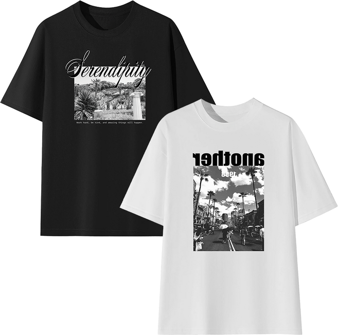 하바우 ANOTHER 여성 루즈핏 프린팅 면 반팔 티셔츠 2P