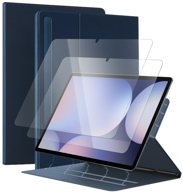 더조은셀러 갤럭시탭 호환 논프레임 마그네틱 스탠딩 케이스 유리필름 2매, 블루