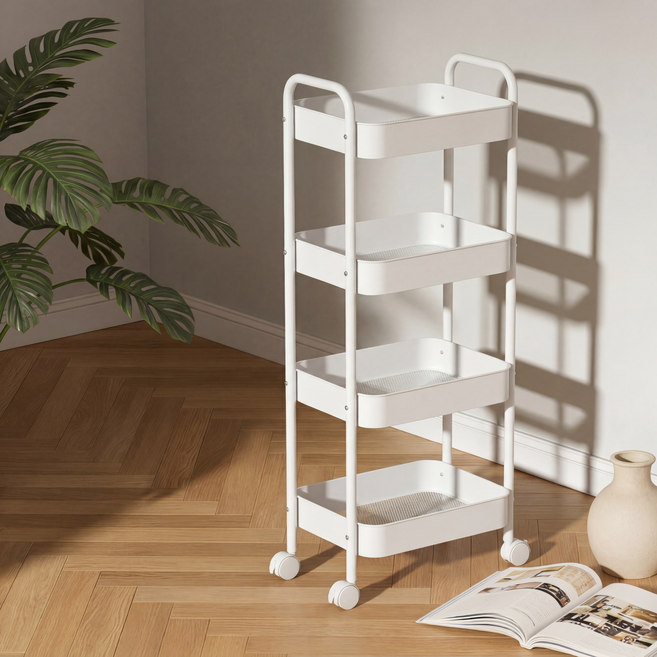 Dune 철제 메쉬 트롤리 이동식 수납 선반 바퀴형 다용도 거실 주방 인테리어 카트, 4단, 흰색