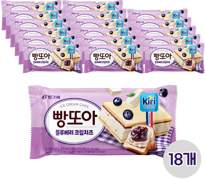 빙그레 빵또아 블루베리 크림치즈, 18개, 180ml
