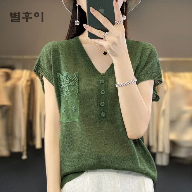 별후이 여성용 여름 데일리 면마 루즈핏 브이넥 반팔 린넨 티셔츠