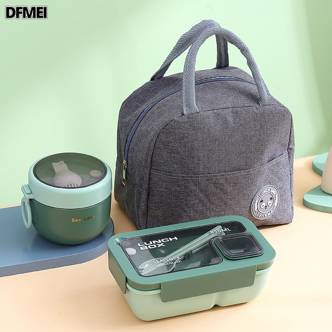 DFMEI 便携手提分格饭盒保温袋学生上班族带饭午饭餐盒可微波便当盒, 1個, HT0137-长方形850ml PP套装（饭盒+杯+袋）绿色:參考詳情