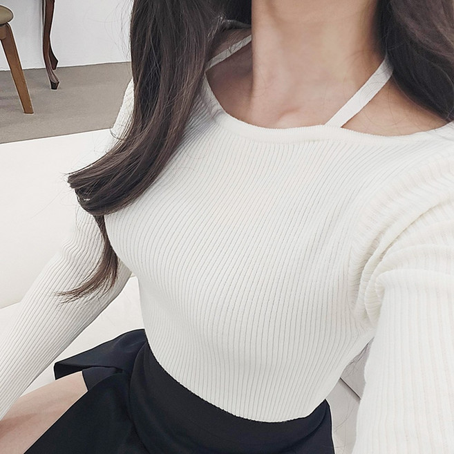 피키랩 초커 골지 니트 입술넥 보트넥 리본 끈 슬림핏