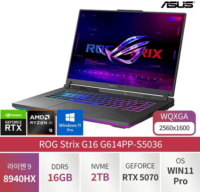 ASUS ROG Strix G16 16인치 라이젠 9 8940HX 지포스 RTX5070 Win11 설치 가성비 전문가용 디자이너용 대학생용 사무용 게이밍 노트북, G614PP-S5036, WIN11 Pro, 16GB, 2TB, 이클립스 그레이