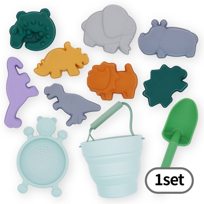 토이토 실리콘 모래놀이 11pcs 올인원 세트 접이식 소프트 샌드토이, 원형 동물 세트, 1개