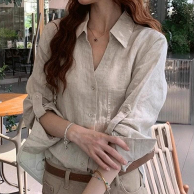 스타일닥터 여성 여름 린넨 셔츠 루즈핏 V넥 얇은 감성 디자인 면마 블라우스 자외선차단