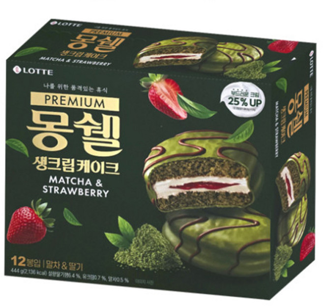 롯데 몽쉘 프리미엄 생크림 케이크 말차 스트로베리, 444g, 15개