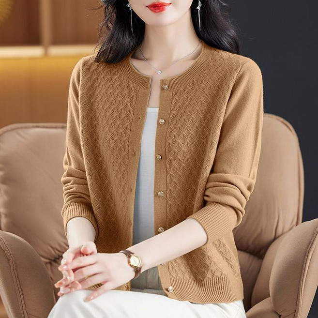 AOKADA 중년 봄 가을 슬림핏 라운드 자카드 얇은 니트 가디건