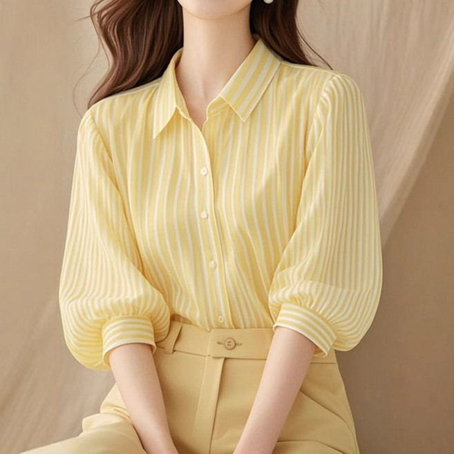 PETITBATH여성 셔츠 카라 스트라이프 퍼프 소매 7부 소매 셔츠WZS60223