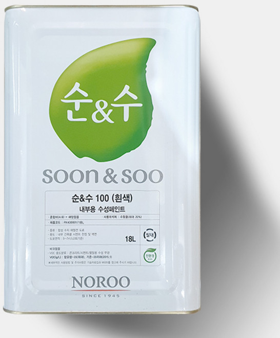 노루페인트 순앤수 100 내부용 페인트 친환경 벽지 사무실 스튜디오 18L, 기본 백색, 1개