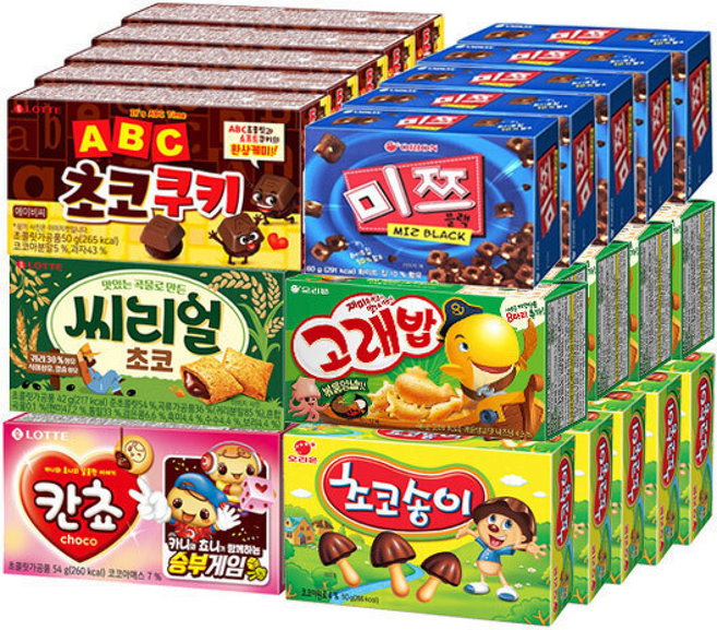 롯데 칸쵸 +씨리얼 +ABC 초코쿠키 +미쯔블랙 +초코송이 +고래밥 x각(총), 30개, 40g