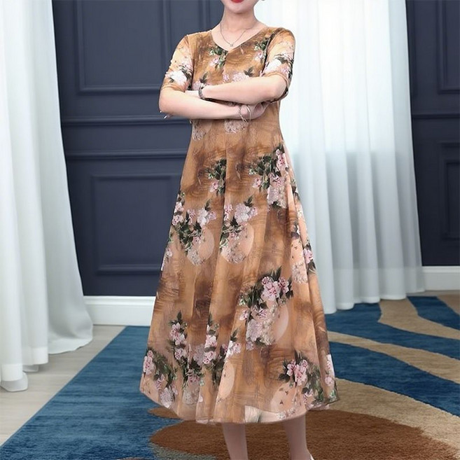 碎花連衣裙 夏季時尚媽媽裝韓版寬鬆顯瘦高檔大碼洋氣連衣裙, 1個, 2520#【棕色花】 專柜品質XL 建議105-115斤