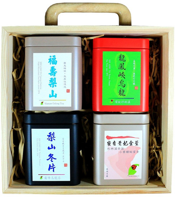 龍源茶品 平安喜樂木質典雅手提茶葉禮盒 附提袋 SGS檢驗合格 杉林溪茶葉, 1個, 混搭-冬片+福壽梨山+貴妃金萱+龍鳳峽, 茶葉180g