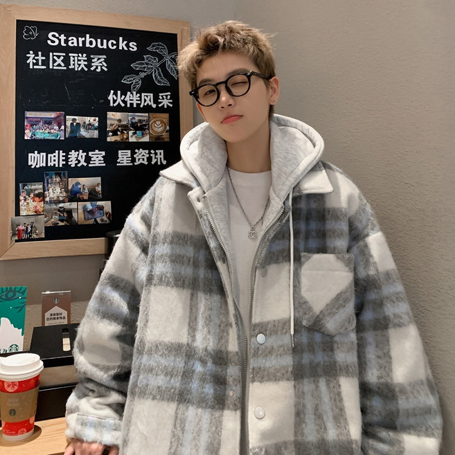 連帽格子毛呢外套男款 韓版寬鬆加厚保暖短版棉大衣