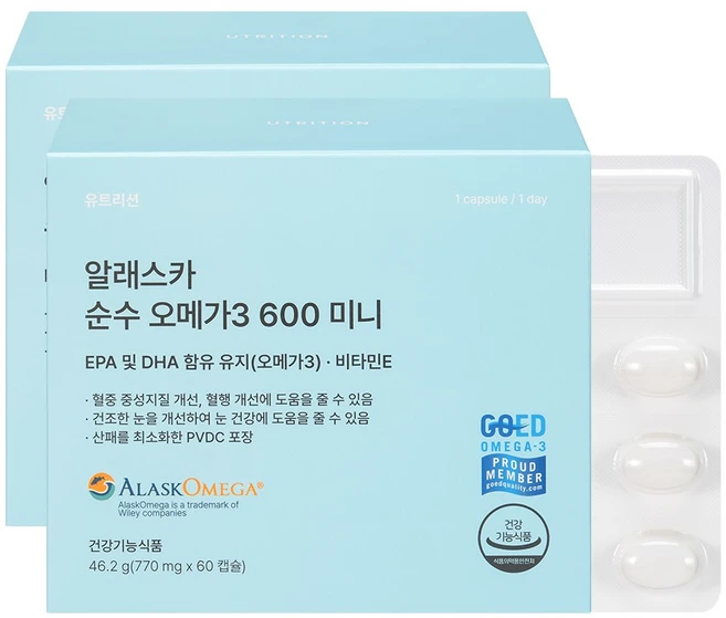 유트리션 알래스카 순수 오메가3 600 미니, 2개, 60회분, 2개 - 쿠팡
