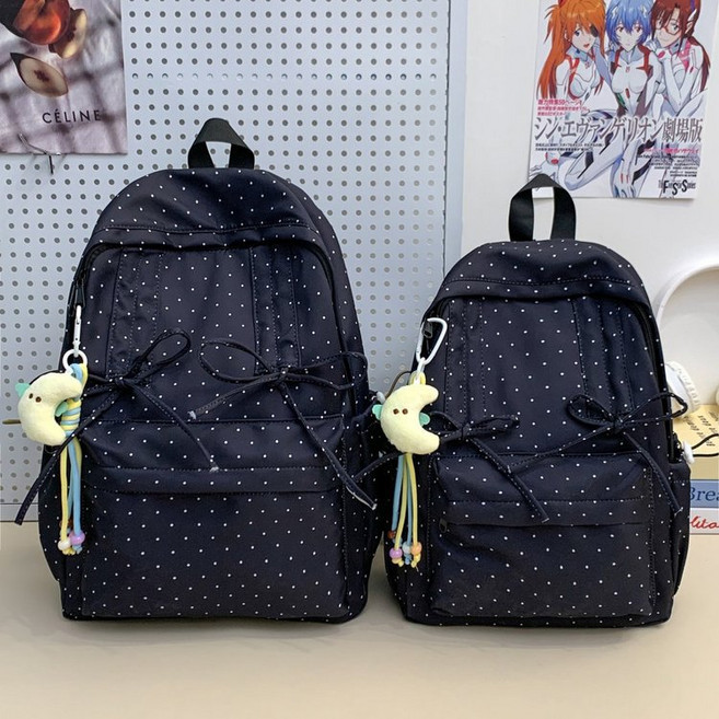 韓系波點蝴蝶結雙肩包, 黑色