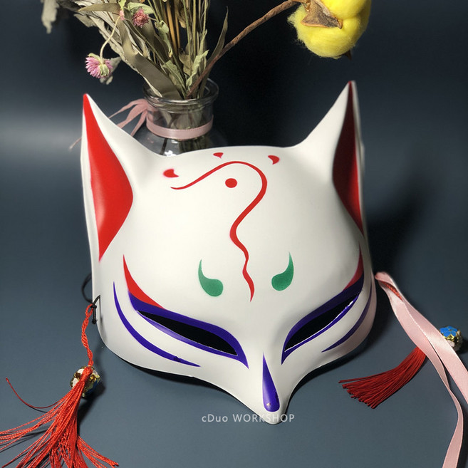 日式復古風發光狐狸面具，半臉cos花臉設計，適合舞會派對裝扮，萬聖節古風面罩，展現獨特風格, 1個, 彩繪款A10, 彩繪款A10