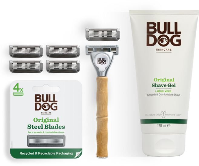 [불독] 5중날 면도기 스타터 킷 (대나무 면도기 핸들 + 오리지널 5중날 4개입 + 오리지널 쉐이빙젤 세트), 1세트, 스타터킷
