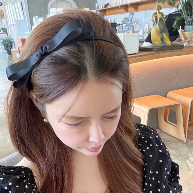 국내제작 슬림 블랙 더블 새틴 옆 리본 머리띠 헤어밴드