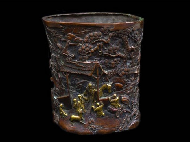 博古珍藏 銅鎏金回鄉偶書筆筒．6公斤．名家作．款大清康熙．罕見老件．底價回饋, 1個